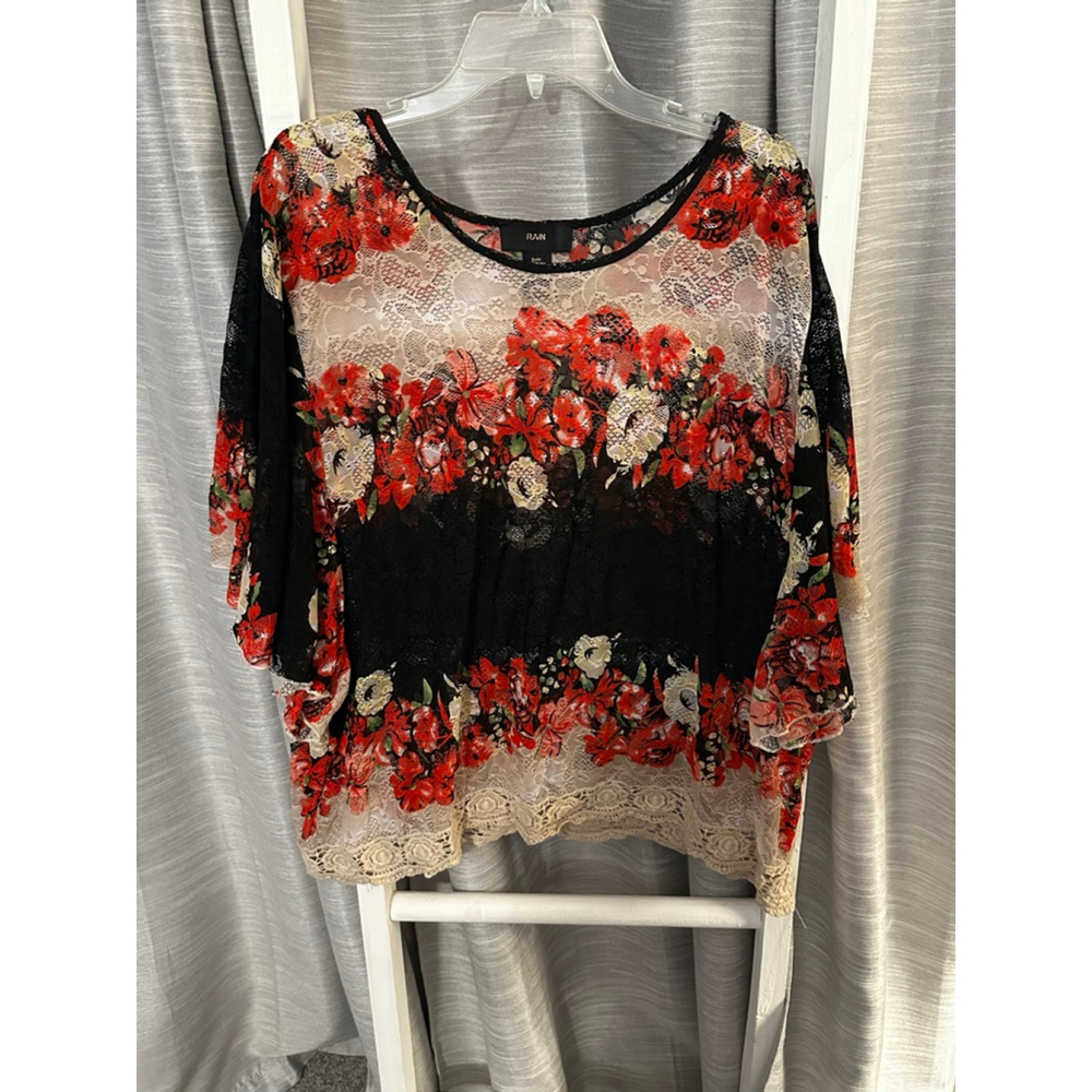RAIN Black Red Floral Lace Blouse 3X